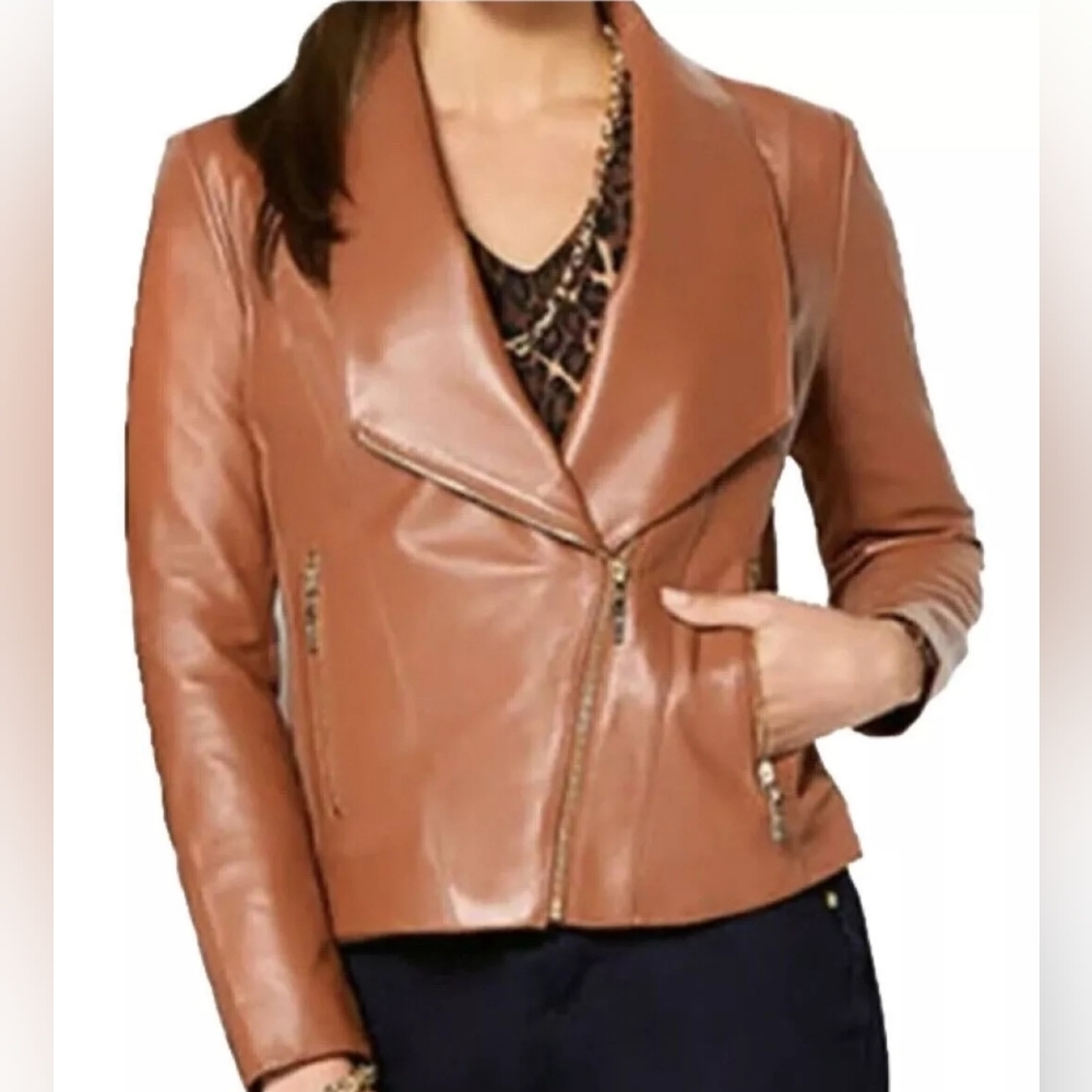 IMAN Genuine Leather Moto Jacket Asymmetrical Zipper Cognac Brown Plus Size 2X